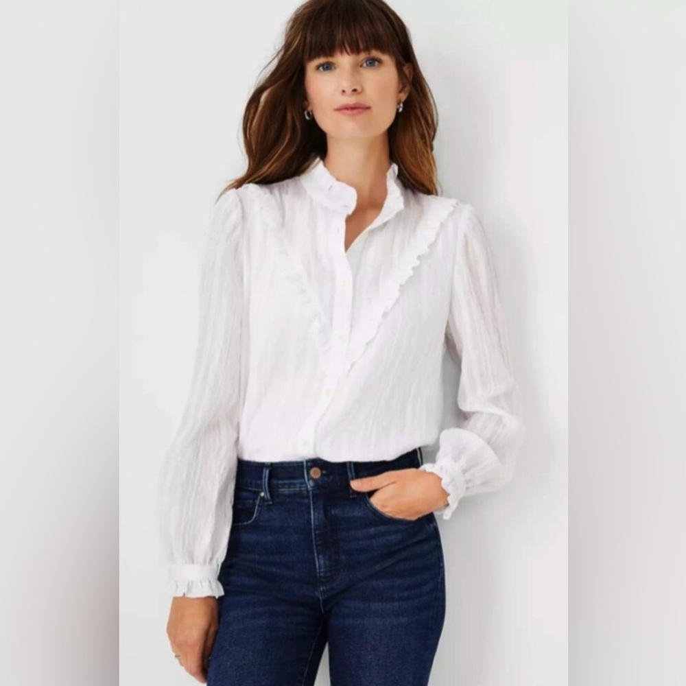 NWT Ann Taylor Striped Ruffle Yoke Blouse, Size S